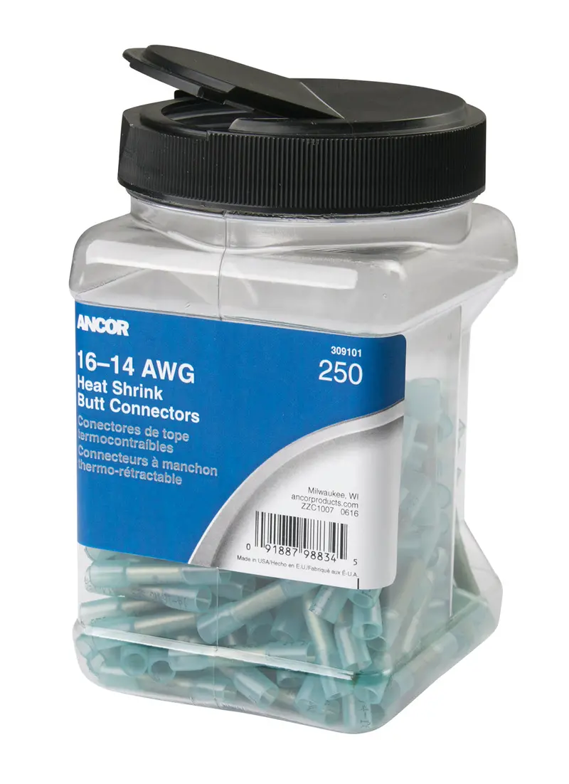 Ancor 16-14 Butt Connector Heat Shrink Blue 250 Pack Jar 1