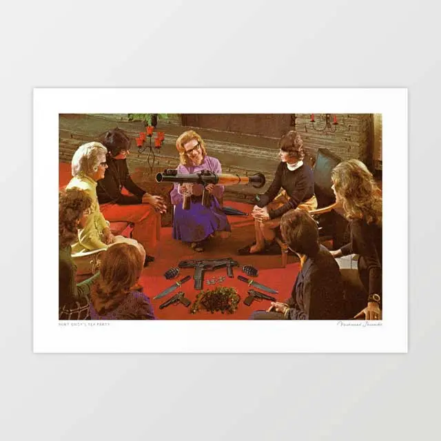 'Aunt Daisy's Tea Party' Art Print By Vertigo Artography | Surreal Feminist Tupperware Dark Humour Retro 1970S Domestic Satire Print 1