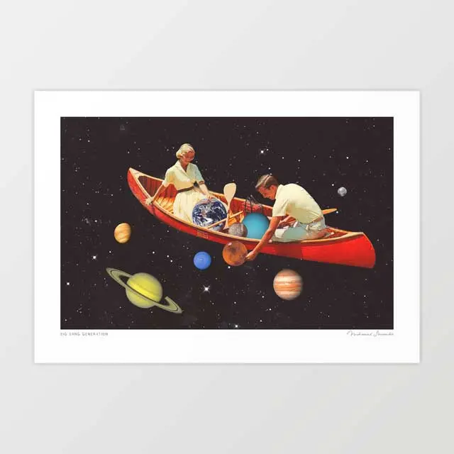 'Big Bang Generation' Art Print By Vertigo Artography | Surreal Space Cosmic Canoe Planets Romance 1950S Vintage Kitsch Science Print 1