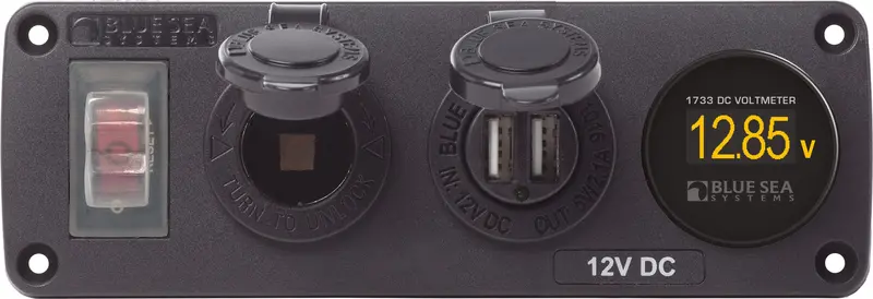 Blue Sea Water-Resistant 12V 15A Circuit Accessory Panel Socket, Dual Usb, Volt Meter 1