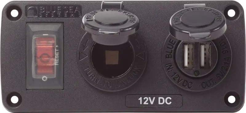 Blue Sea Water-Resistant 12V 15A Circuit Accessory Panel With 12V Socket And Dual Usb 1