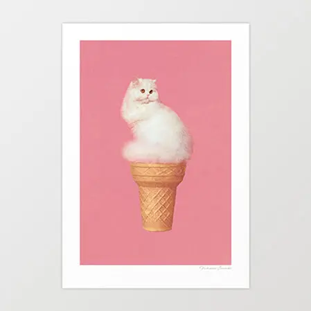 'Cat Ice Cream - Pink' Art Print By Vertigo Artography | Whimsical Cat Wall Art Pastel Decor 1