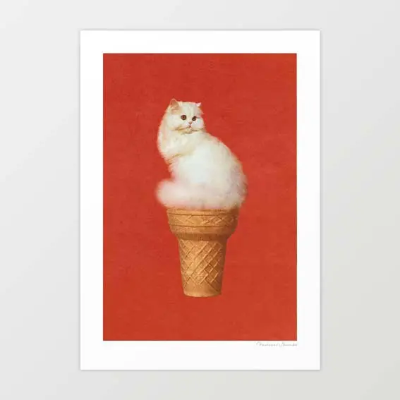 'Cat Ice Cream - Red' Art Print By Vertigo Artography | Surreal Funny Cat Ice Cream Quirky Wall Art 1