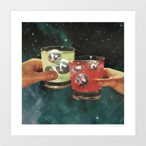 Cosmic Cheers Art Print | Disco Ball Margarita Space Bar Wall Art by Vertigo Artography
