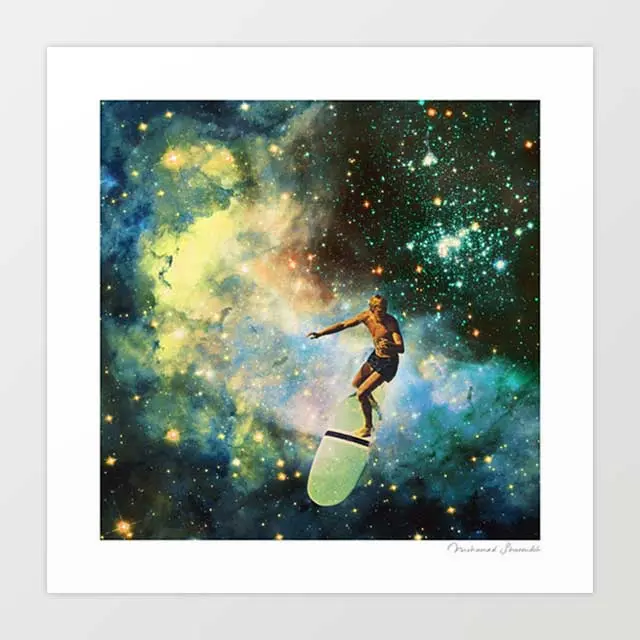 'Cosmic Surfer' Art Print By Vertigo Artography | Surreal Retro Space Surfing Galaxy Ocean Wall Art 1