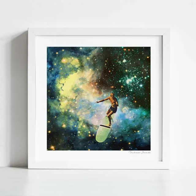'Cosmic Surfer' Art Print By Vertigo Artography | Surreal Retro Space Surfing Galaxy Ocean Wall Art 2