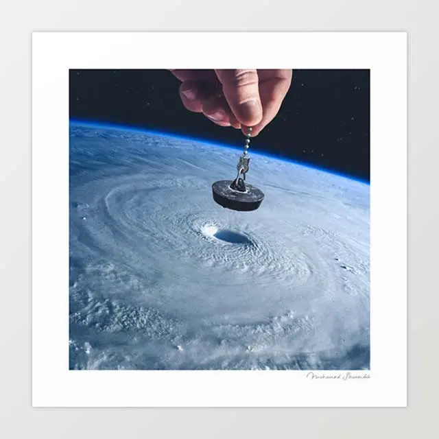 'Down The Drain' Art Print By Vertigo Artography | Surreal Climate Hurricane Space Environmental Dark Humour Wall Art 1