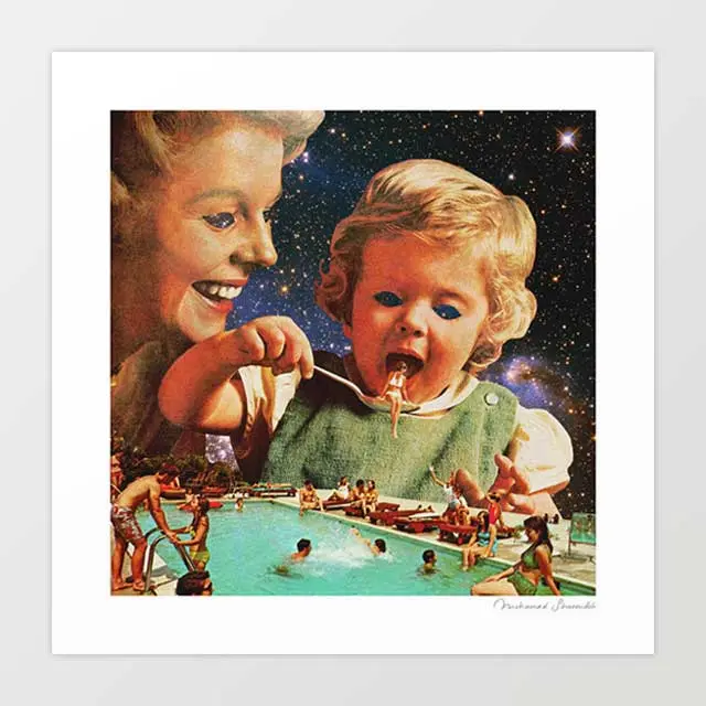 'Eat Up' Art Print By Vertigo Artography | Surreal Dark Humour Giant Child Pool Scene Quirky Pop Art Wall Art 1