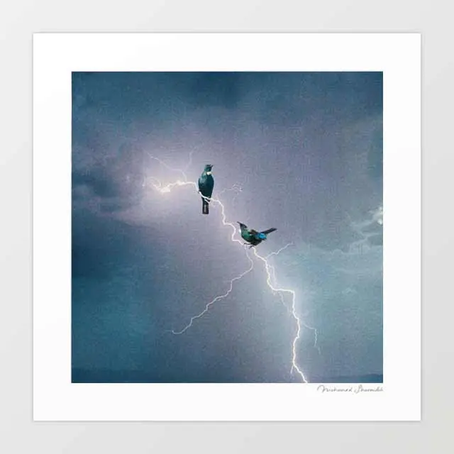 'Electric Tui' Art Print By Vertigo Artography | Surreal New Zealand Tui Bird Lightning Storm Wall Art 1