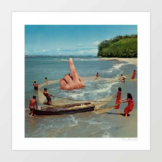 'Fish Fingers' Art Print By Vertigo Artography | Surreal Middle Finger Beach Rebellious Coastal Wall Art 1
