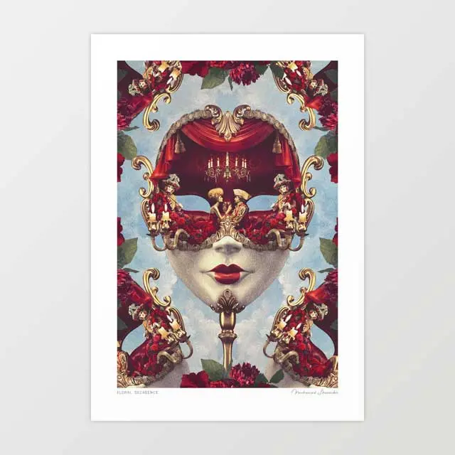 'Floral Decadence' Venetian Mask Art Print By Vertigo Artography | Baroque Dark Romantic Masquerade Opulent Maximalist Wall Art 1