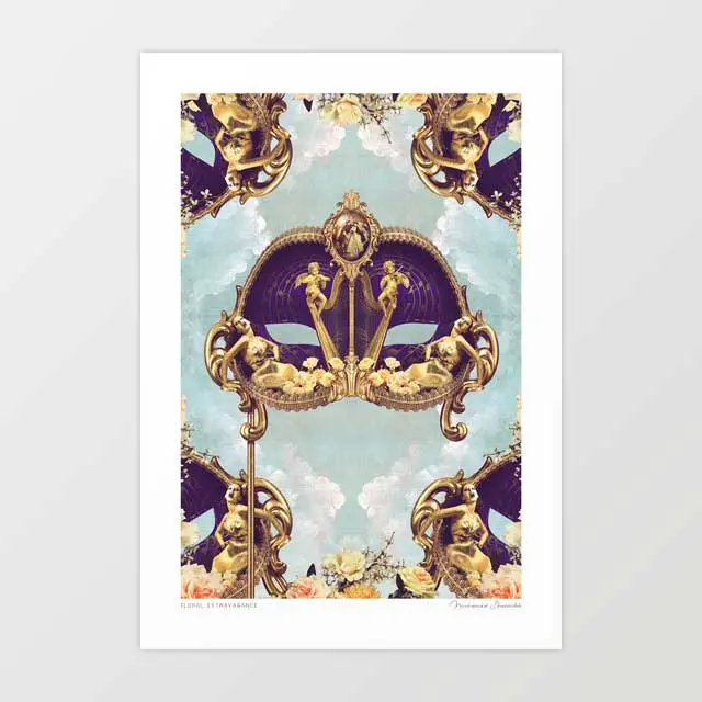 'Floral Extravagance' Venetian Mask Art Print By Vertigo Artography | Baroque Royal Purple Gold Cherub Celestial Maximalist Wall Art 1