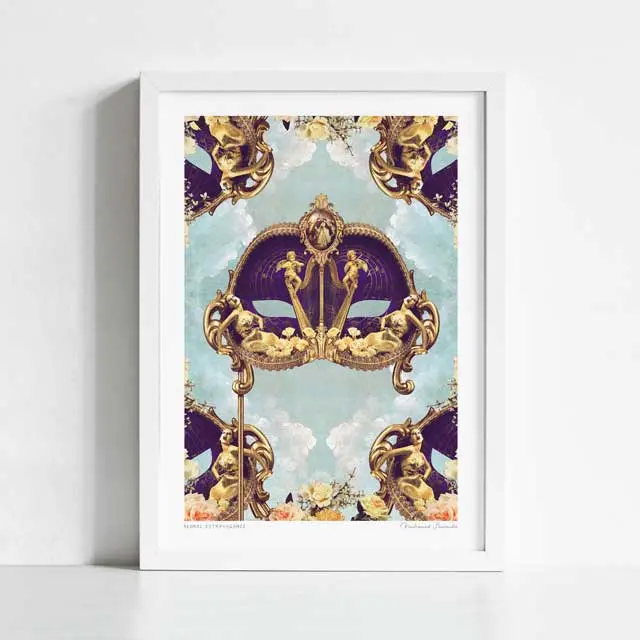 'Floral Extravagance' Venetian Mask Art Print By Vertigo Artography | Baroque Royal Purple Gold Cherub Celestial Maximalist Wall Art 2