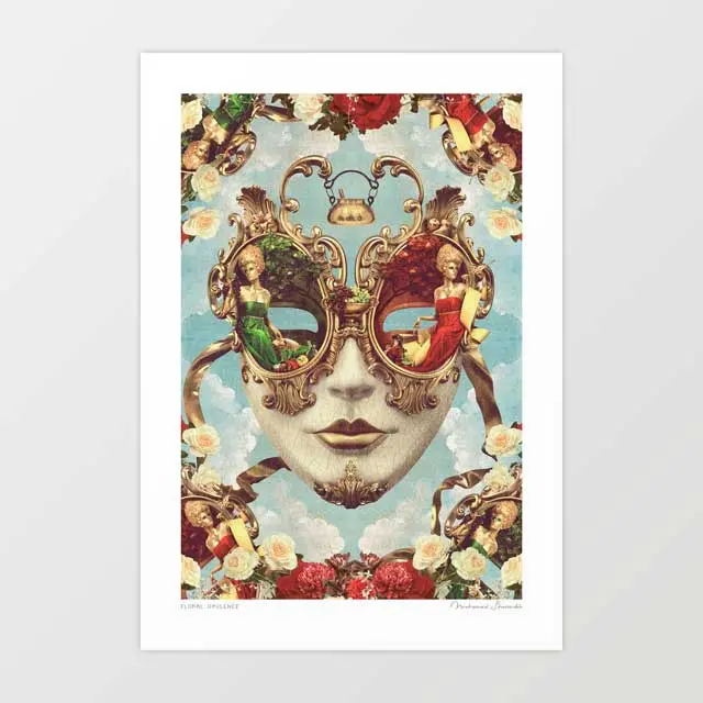 'Floral Opulence' Venetian Mask Art Print By Vertigo Artography | Baroque Garden To Table Dining Masquerade Maximalist Wall Art 1