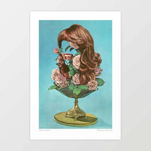 'Floral Portrait' Art Print By Vertigo Artography | Surreal Botanical Woman Face Floral Collage Feminine Wall Art 1