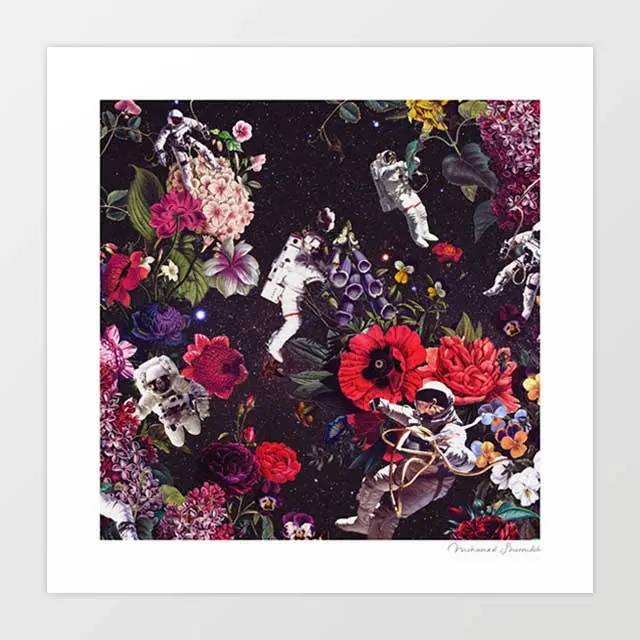 'Flowers And Astronauts' Art Print By Vertigo Artography | Surreal Cosmic Floral Space Psychedelic Wall Art 1