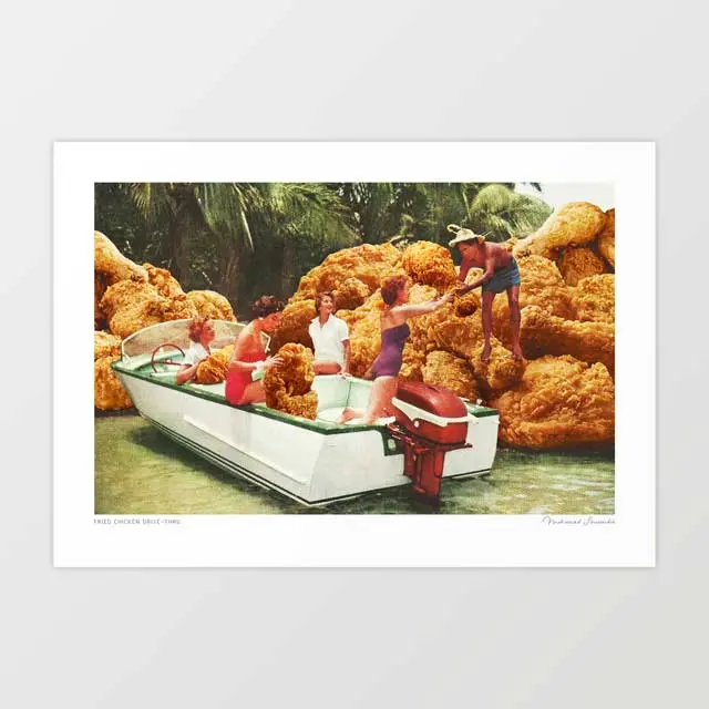 'Fried Chicken Drive-Thru' Art Print By Vertigo Artography | Surreal Retro Tropical Vintage Holiday Kitsch Food Humour Coastal Print 1