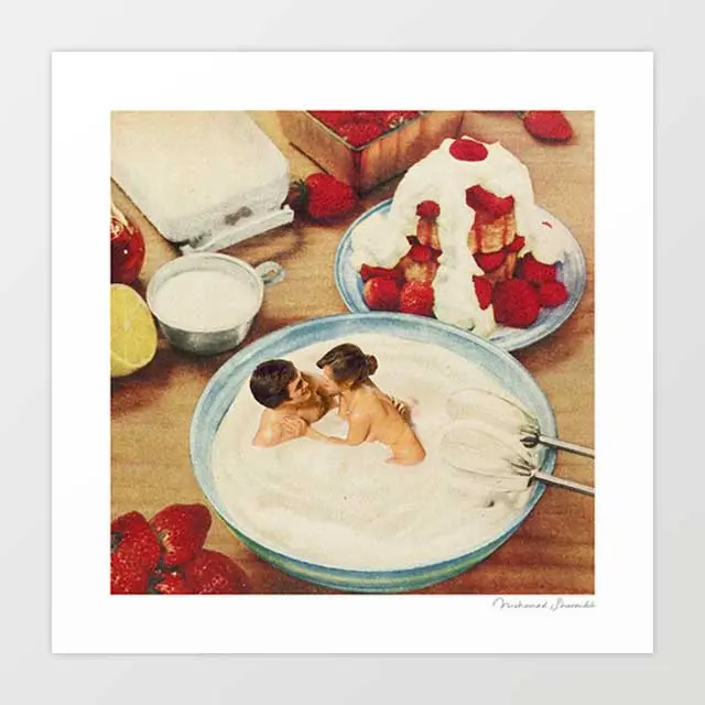 'Fruity' Art Print By Vertigo Artography | Surreal Retro Kitsch Romantic Food Strawberry Cream Funny Kitchen Wall Art 1