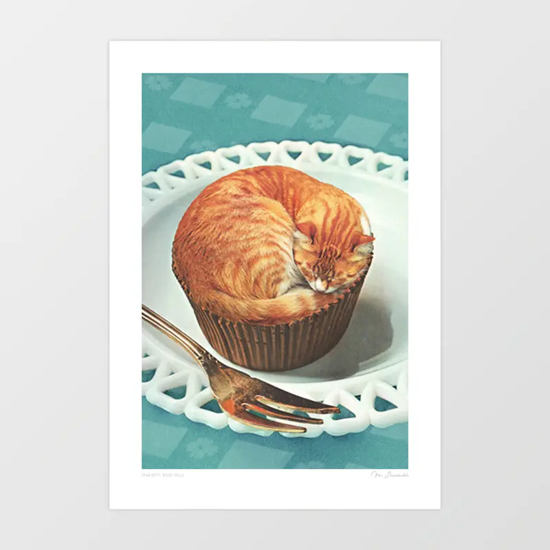 'Ginger Cupcat Nap' Art Print By Vertigo Artography | Whimsical Cat Cupcake Wall Art Retro Kitchen Decor 1
