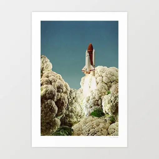 'Houston We Have Cauliflower' Art Print By Vertigo Artography | Surreal Retro Space Rocket Vegan Food Humour Wall Art 1