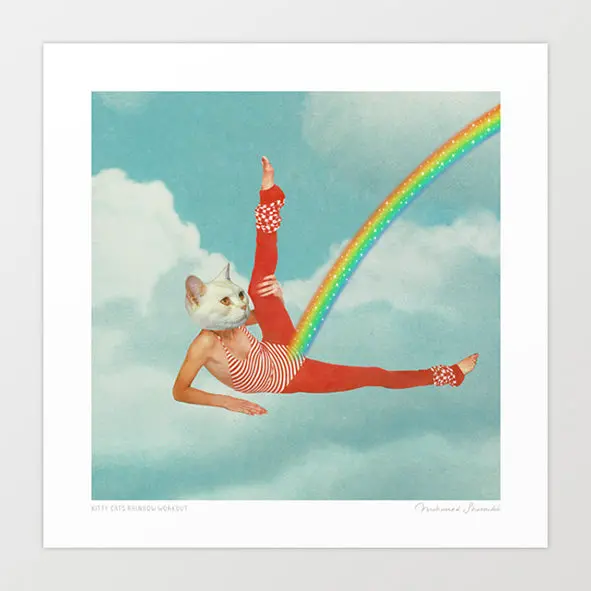 'Kitty's Rainbow Workout' Art Print By Vertigo Artography | Surreal Funny Cat Rainbow Retro Wall Art 1