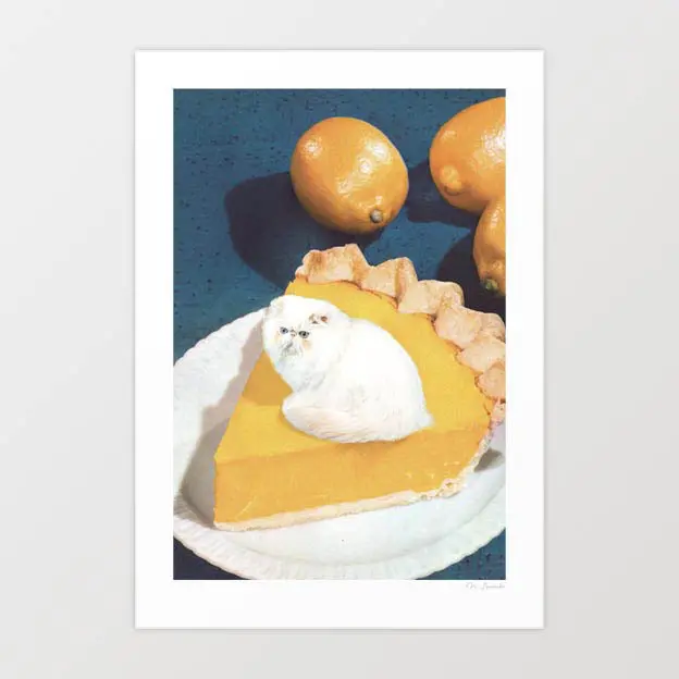 'Lemon Meow Pie' Art Print By Vertigo Artography | Funny Cat Wall Art Quirky Kitchen Dessert Decor 1