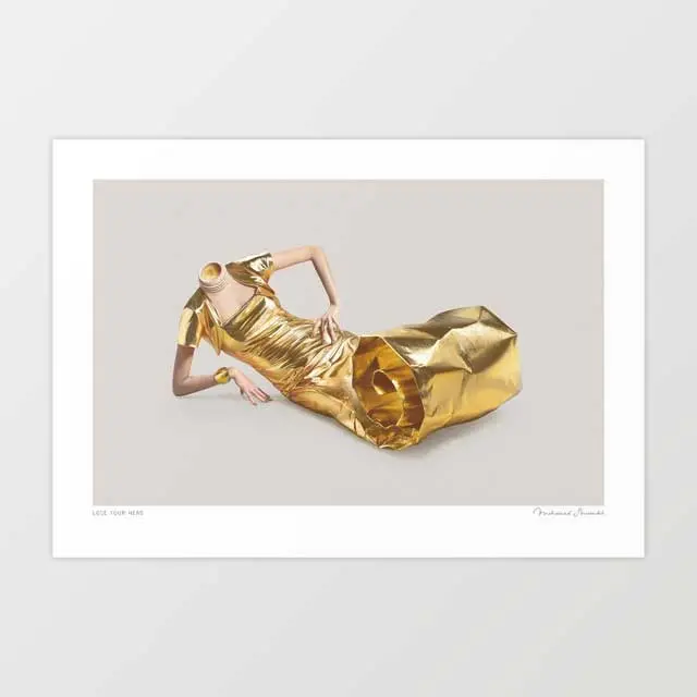 'Lose Your Head' Art Print By Vertigo Artography | Surreal Gold Fashion Editorial Luxury Glamour Sculptural Headless Figure Print 1