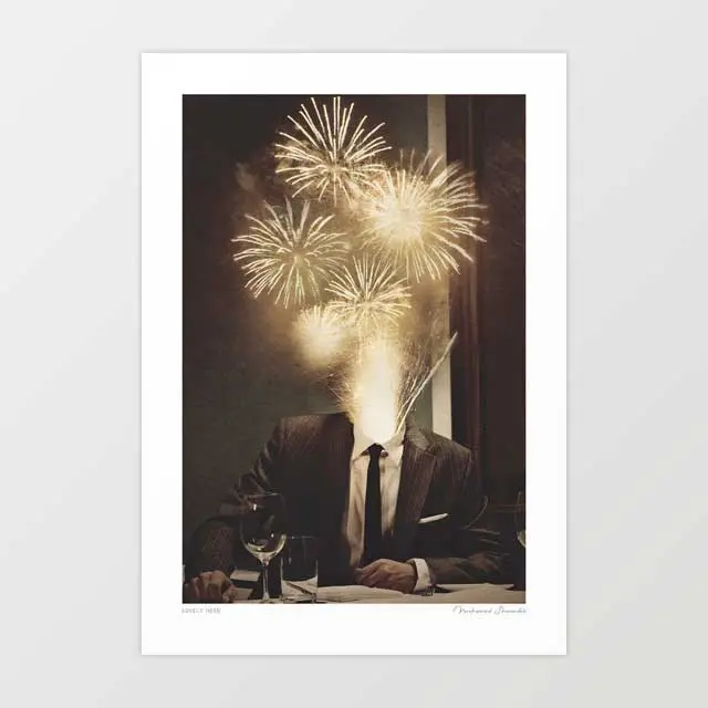 'Lovely Head' Art Print By Vertigo Artography | Surreal Fireworks Mid-Century Fine Dining Corporate Dark Humour Monochrome Wall Art 1