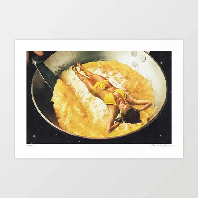 'Omelette' Art Print By Vertigo Artography | Surreal Vintage Kitchen Egg Brunch Breakfast Funny Food Kitsch Bikini Humour Print 1