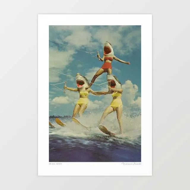 'On Evil Beach' Art Print By Vertigo Artography | Surreal Shark Water Ski Retro Beach Funny Dark Humour Coastal Wall Art 1
