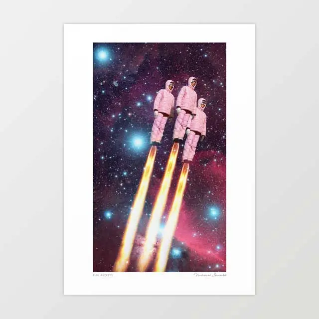 'Pink Rockets' Art Print By Vertigo Artography | Surreal Retro Space Pink Feminist Empowerment Cosmic Pop Art Wall Art 1