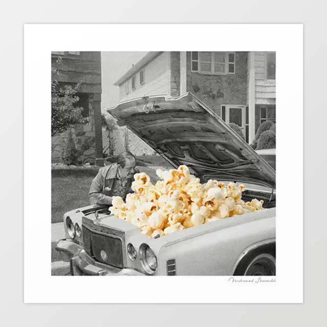 'Pop The Hood' Art Print By Vertigo Artography | Surreal Retro Popcorn Classic Car Black & White Kitsch Wall Art 1