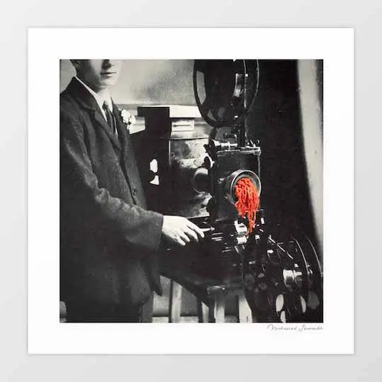 'Reel Mince' Art Print By Vertigo Artography | Surreal Vintage Cinema Film Projector Food Humour Black White Colour Pop Retro Print 1