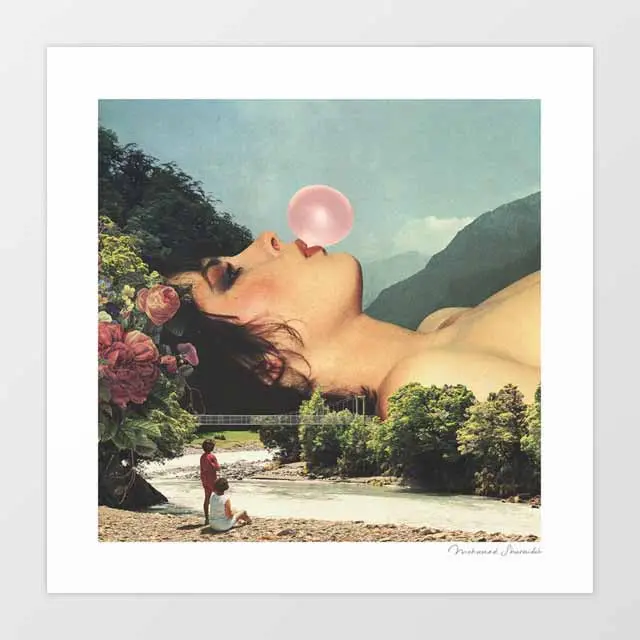Retro Pink Pop Art Print ‘Bubble Gum Girl’ by Vertigo Artography – Whimsical Surrealist Wall Art