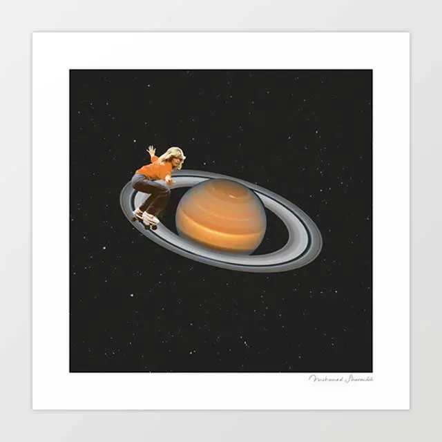 'Saturn Skating' Art Print By Vertigo Artography | Surreal Space Cosmic 70S Icon Feathered Blonde Skate Culture Funny Wall Art 1