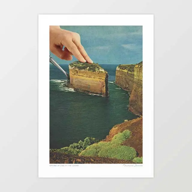 'Serving Up Cake By The Seaside' Art Print By Vertigo Artography | Surreal Coastal Food Quirky Collage Wall Art 1