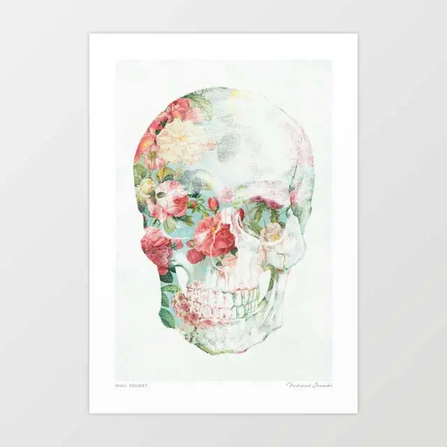 'Skull Bouquet' Art Print By Vertigo Artography | Romantic Rose Floral Skull Gothic Dark Botanical Memento Mori Wall Art 1