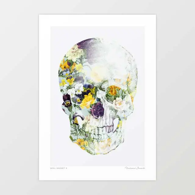 'Skull Bouquet B' Art Print By Vertigo Artography | Botanical Floral Skull Memento Mori Gothic Dark Floral Wall Art 1