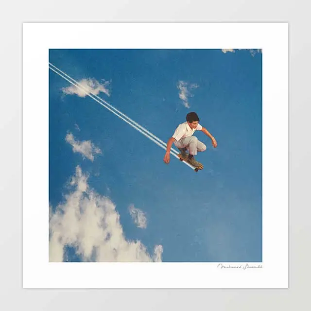 'Sky Skater' Art Print By Vertigo Artography | Surreal Retro Skateboard Youth Culture Blue Sky Freedom Wall Art 1