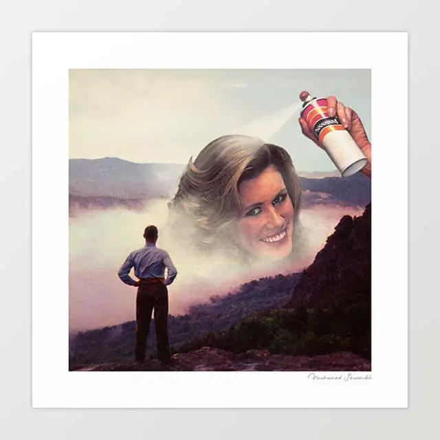 'Spray-Day' Art Print By Vertigo Artography | Surreal Vintage Hairspray Salon Beauty Foggy Landscape Funny Dark Humour Wall Art 1