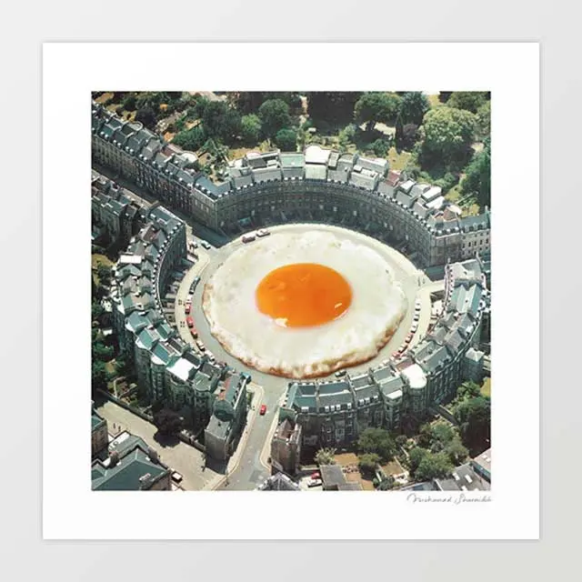 'Take The 2Nd Eggxit' Art Print By Vertigo Artography | Surreal Retro Giant Fried Egg Roundabout Kitsch Food Humour Wall Art 1