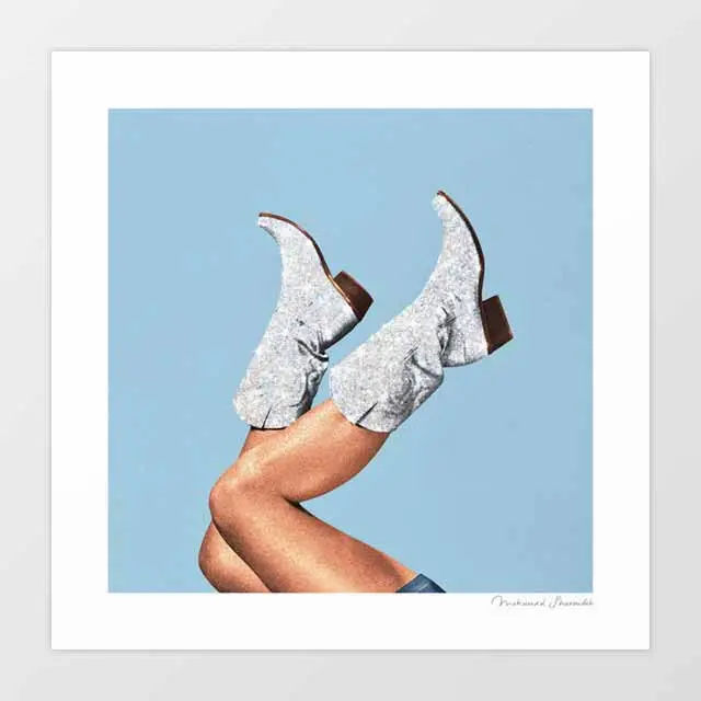 ‘These Boots – Glitter Blue’ Rhinestone Disco Cowgirl Art Print | Glamorous, Sparkling Western Wall Decor