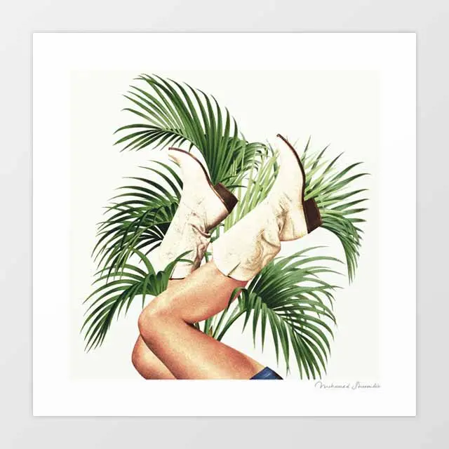 'These Boots - Palm Leaves' Art Print By Vertigo Artography | Cowgirl Core White Western Boots Tropical Fashion Editorial Rodeo Print 1