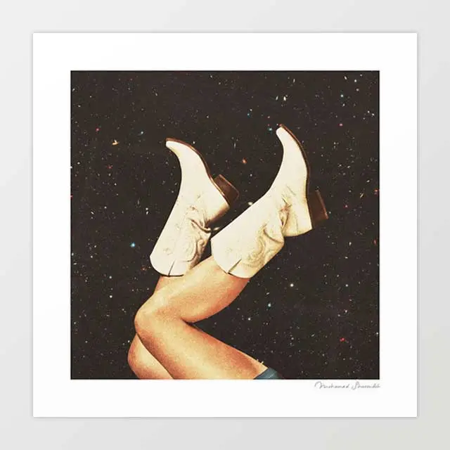 ‘These Boots – Space’ Cosmic Western Art Print – Cowgirl Boots Floating Through Starfields, Genre-Blending Decor by Vertigo Artography