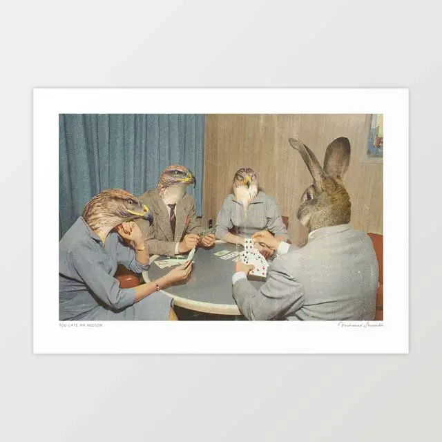 'Too Late, Mr Hudson' Art Print By Vertigo Artography | Surreal Animal Poker Casino Card Game Dark Humour Rabbit Hawks Retro Print 1