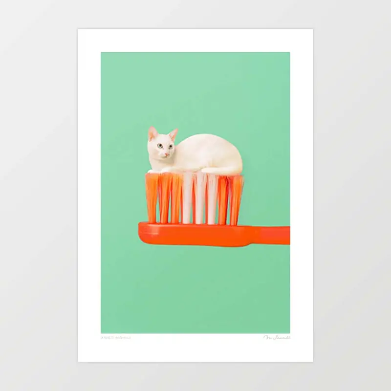 'Toothpaste Cat' Art Print By Vertigo Artography | Surreal Retro Cat Wall Art Quirky Bathroom Decor 1