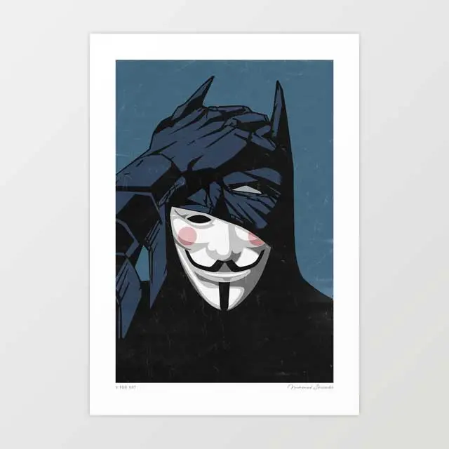 'V For Bat' Art Print By Vertigo Artography | Surreal Dark Graphic Pop Culture Masked Figure Bold Statement Wall Art 1
