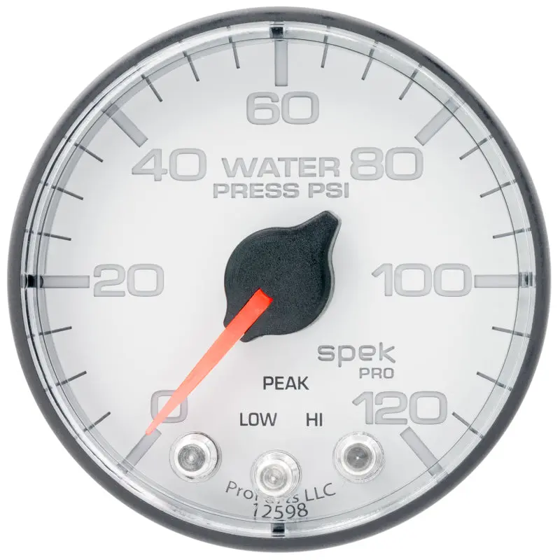 Autometer Spek-Pro 2-1/16In Water Pressure Gauge – 120 Psi Range, Stepper Motor, Peak/Hold, White/Black Dial 1
