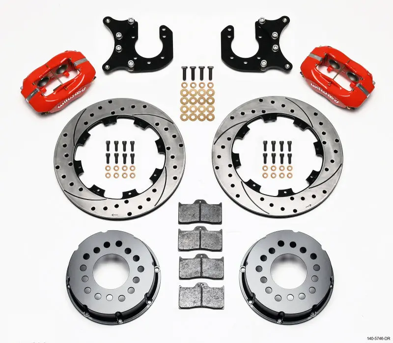 Wilwood Forged Dynalite Rear Brake Kit With Power Steering – Drilled Rotors, Red Calipers, Chevy 12-Bolt Spec (3.15″ Bearing) 1